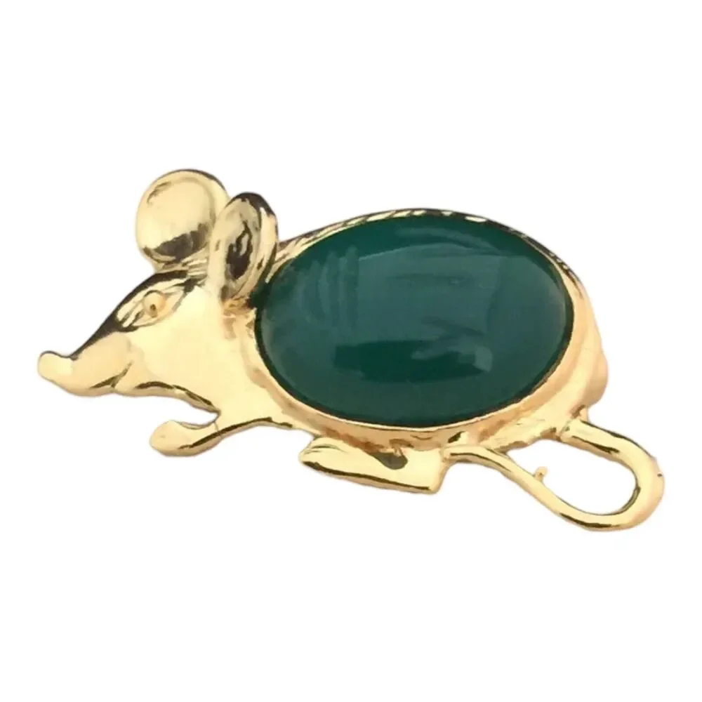 Vintage 1980s Mouse Brooch Green Onyx Scarab Cabochon Gold Plated - 7L